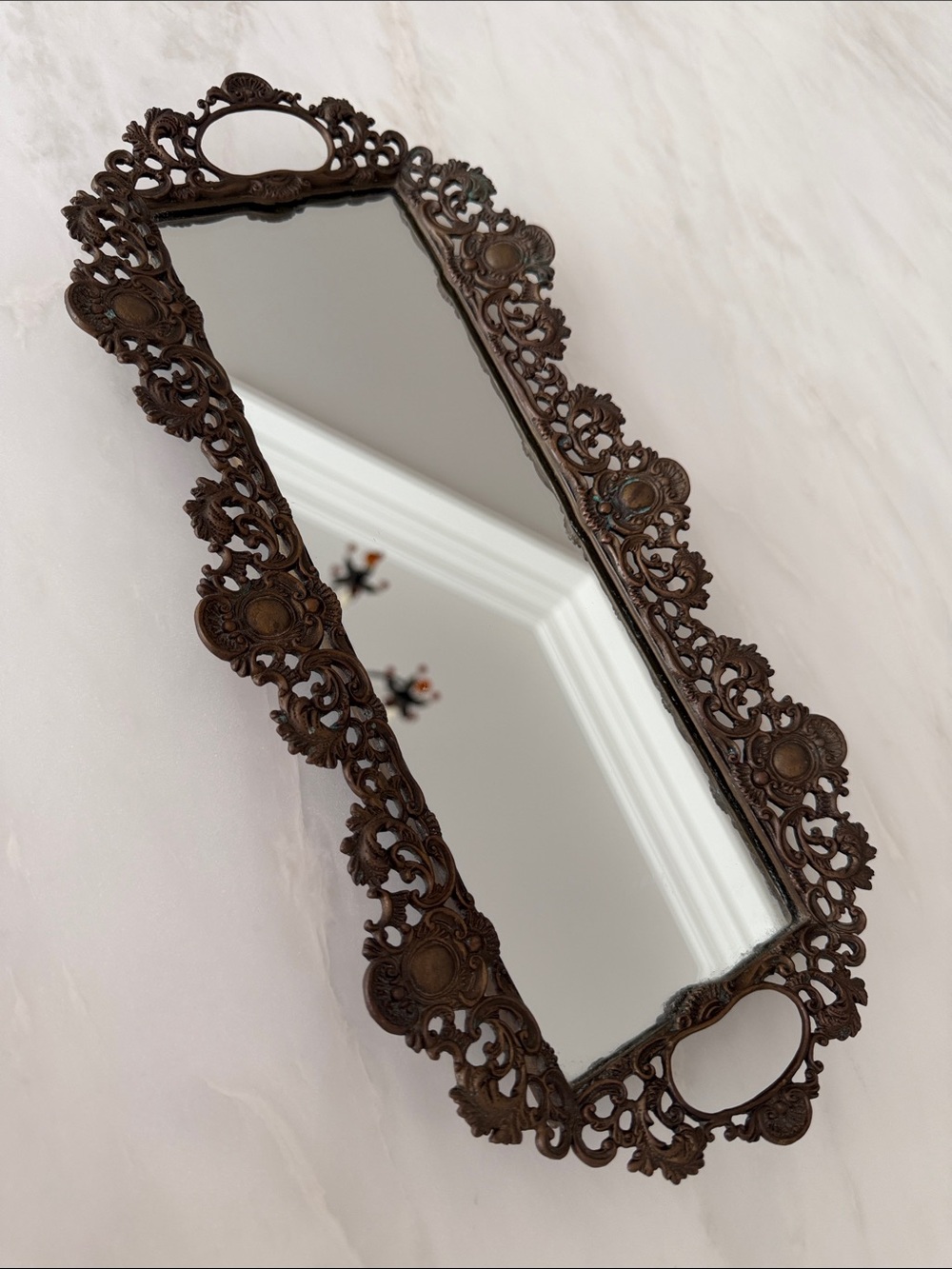 Ornate Bonze-Brown footed Decorative Mirror tray.